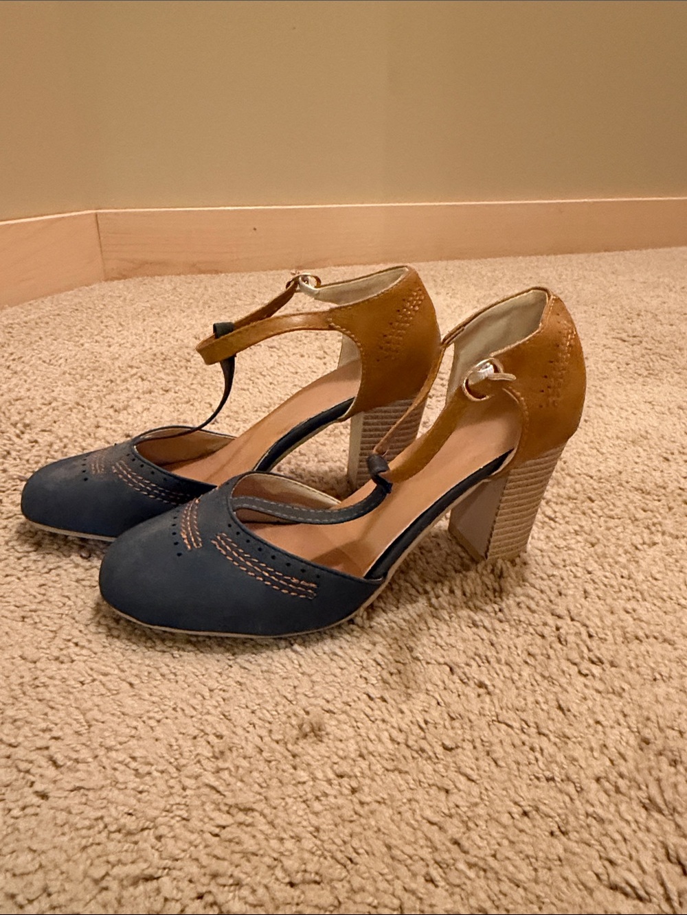 Two-Tone Navy and Tan T-Strap Block Heels for Women
